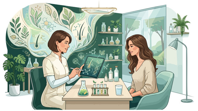 A trichologist consulting with a client about hair health and natural treatments.