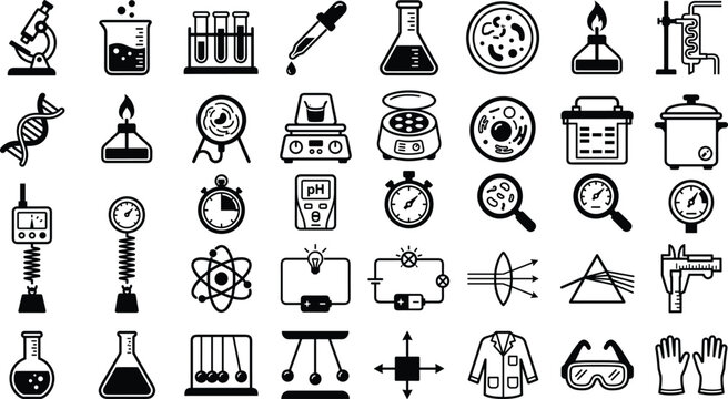 Science laboratory and physics research icon set featuring flat vector symbols for chemistry glassware microscope dna model atom and biology lab equipment isolated on white background