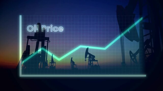 Silhouette of oil pump jacks operating at sunset, overlaid with a glowing blue line graph trending upwards and the text 'Oil Price' indicating rising energy costs.