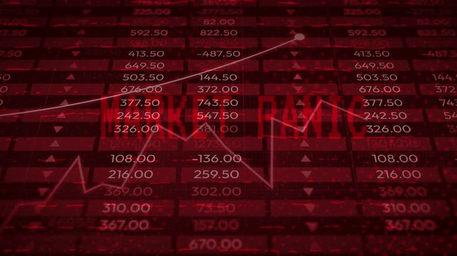 Red digital stock market ticker board displaying negative numbers and a falling trend line, featuring the bold text 'MARKET PANIC' symbolizing financial crisis.