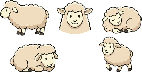 Cute sheep cartoon character vector collection set featuring fluffy lamb mascots standing running resting sleeping and smiling isolated on white background © MeheDi