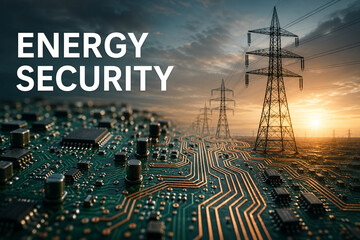 Obraz premium Concept image of energy security with transmission towers, power lines and a circuit board landscape at sunset, symbolizing resilient infrastructure.