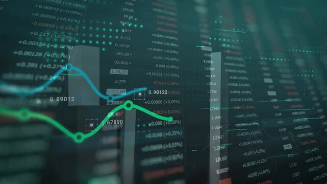 Close-up of green and blue financial line charts moving dynamically with digital stock market data. Concept of investment strategy, trading analysis, and market trend tracking.