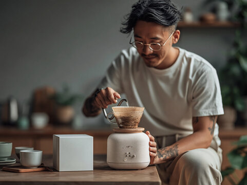 Young bespectacled Asian male pours drip coffee at plant-filled home wooden table, bright soft natural daylight fills space surrounded by varied potted succulents and lush green houseplants.