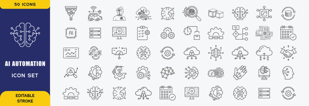 AI Automation & Intelligence editable icon set. Containing ai agent, chatbot, automation, assistant, monitoring, technology, artificial intelligence, security and more vector icons collection