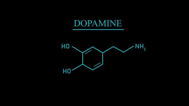 Glowing neon cyan dopamine chemical molecular structure formula animation text on a solid black background for science and biology motion graphics.