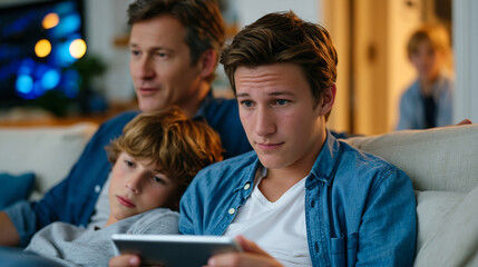 Obraz premium Fourteen-year-old slumped on couch scrolling tablet while father sits beside him gesturing at switched-off television, tense body language between them, younger sibling peeking from hallway, portray