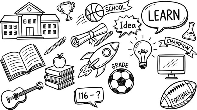 Back to school doodle concept with hand drawn building books sports equipment rocket and creative education icons
