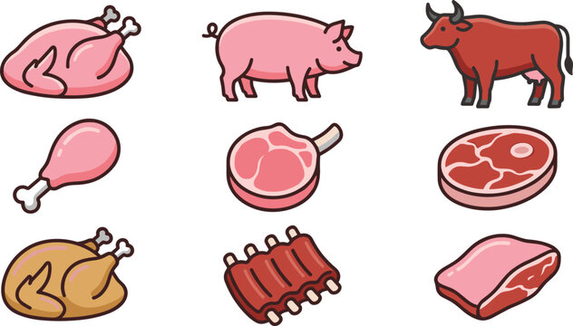 Butcher shop fresh raw meat and farm animals vector cartoon icon collection set featuring beef pork chicken drumstick and ribs isolated on white background
