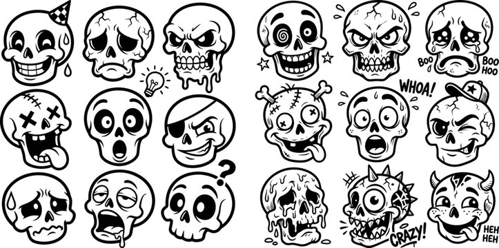 Collection of various cartoon skull expressions hand drawn illustration set with expression