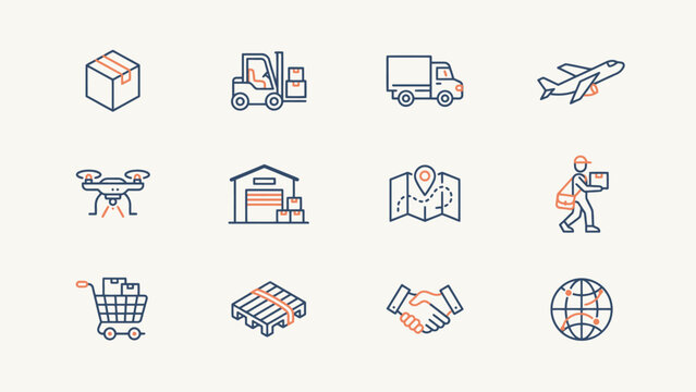 Set of twelve logistics and delivery service icons with pink highlights . Vector flat illustration on a white background. Vector illustration.