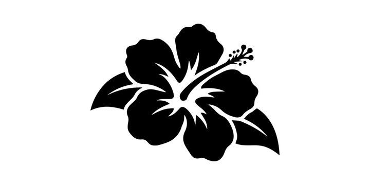 hibiscus flower stencil on a white background Hibiscus Flower black Silhouette Vector, Black silhouette hibiscus flowers with leaves on white background floral graphic design elements, Hibiscus flower