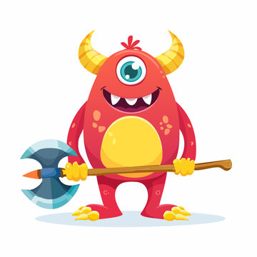 Cute red cartoon monster with one eye and horns holding an axe