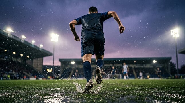 Determined professional soccer player sprints across a muddy pitch under bright stadium lights during a heavy rainy night match game