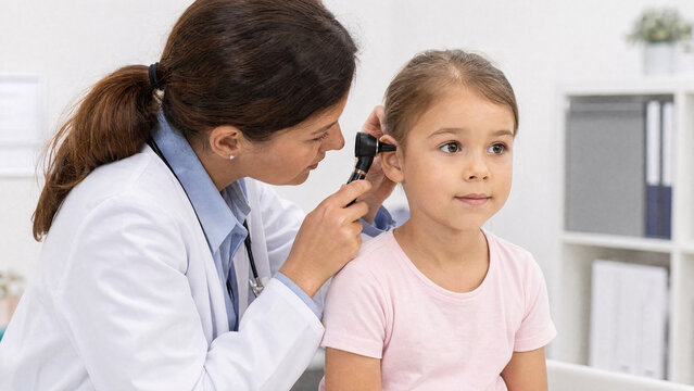 Female pediatrician examining a young girl's ear with an otoscope in a clinic