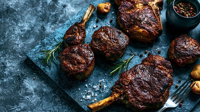 Grilled meat chops with herbs on a dark stone board with spices rosemary delicious