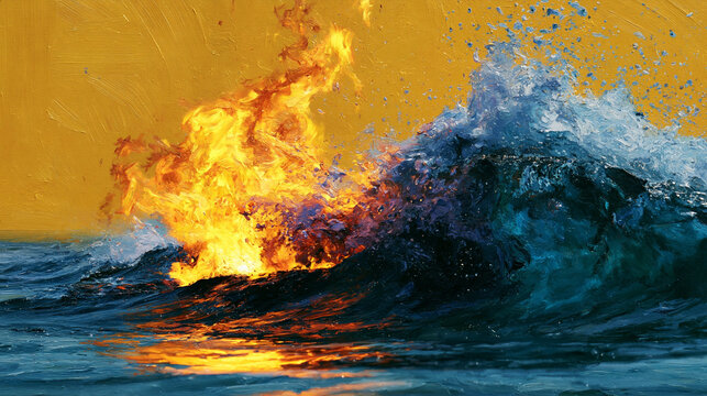 Ocean wave clashing with fire against a bright yellow sky background, abstract