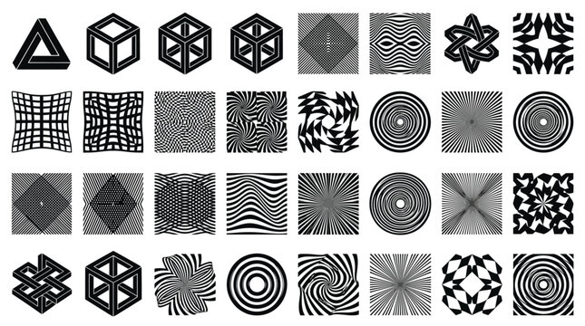 Set of optical illusion patterns and impossible geometric shapes
