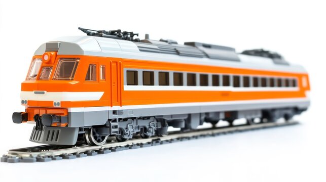 Modern passenger train in orange and gray, isolated on white background.