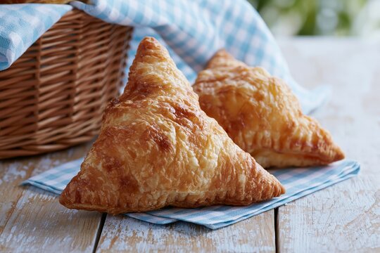 Golden apple turnovers arranged on a blue checkered napkin beside a wicker basket, showcasing flaky pastry texture and golden brown color