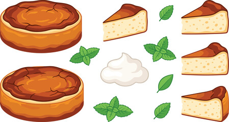 Homemade Basque burnt cheesecake vector cartoon icon collection set featuring whole cakes slices whipped cream dollop and fresh mint leaves isolated on white background © MeheDi