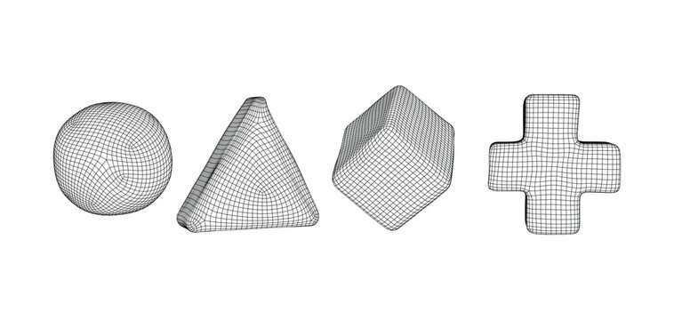 Set of 3d wireframe geometric shapes, sphere, pyramid, cube and cross