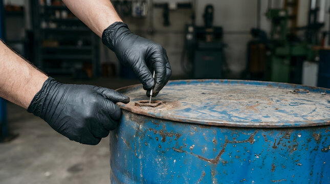Worker inspecting rusted blue oil drum for corrosion and hazardous waste compliance