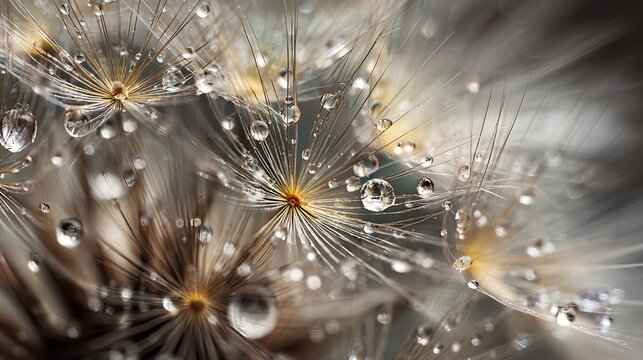Macro photography of dandelion seeds covered in dew drops.