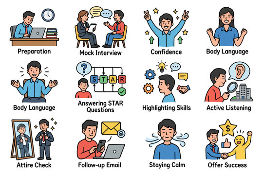 Career workshop illustrations highlighting interview skills and techniques.