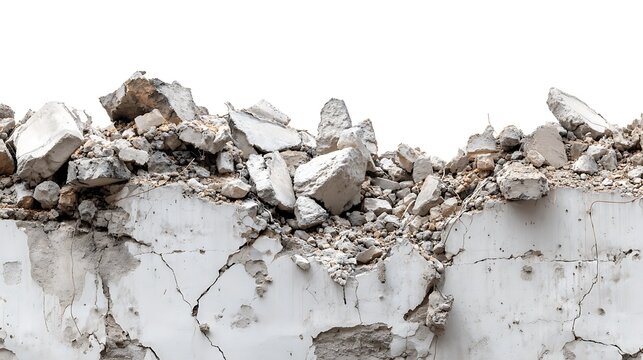 Concrete wall debris and rubble after building demolition.