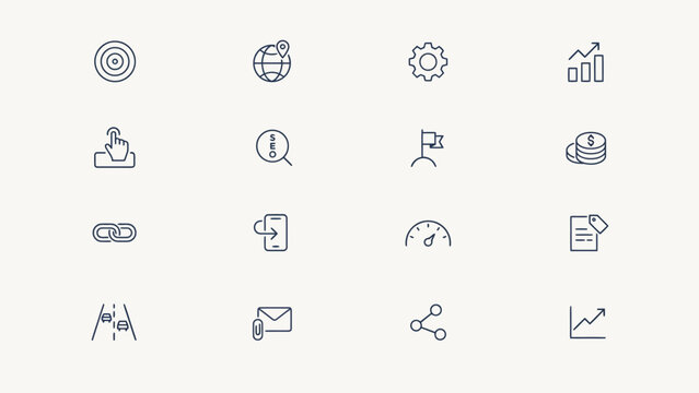 Set of sixteen minimalist business and technology icons in flat design style . Vector illustration.
