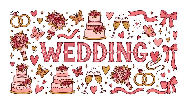 A festive and charming collection of wedding-themed illustrations, featuring the word WEDDING in bold letters surrounded by decorative elements such as rings, bouquets, cakes, champagne glasses.