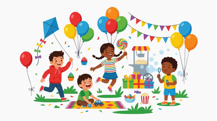 Fototapeta premium A vibrant and joyous celebration with children playing with a kite, balloons, and enjoying treats at a funfair, complete with a popcorn machine and gift boxes isolated on white background