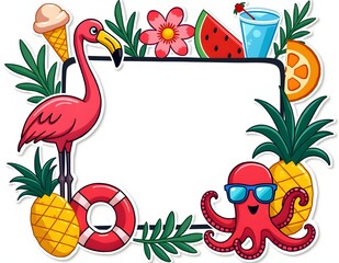 Naklejka premium Cheerful cartoon border illustration with cute sea animals and sweet tropical fruits background