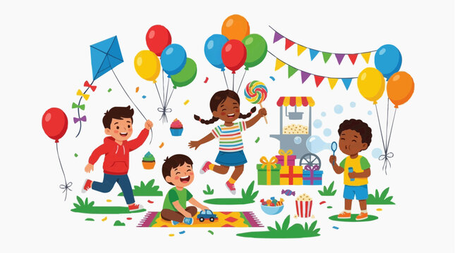 A vibrant and joyous celebration with children playing with a kite, balloons, and enjoying treats at a funfair, complete with a popcorn machine and gift boxes isolated on white background