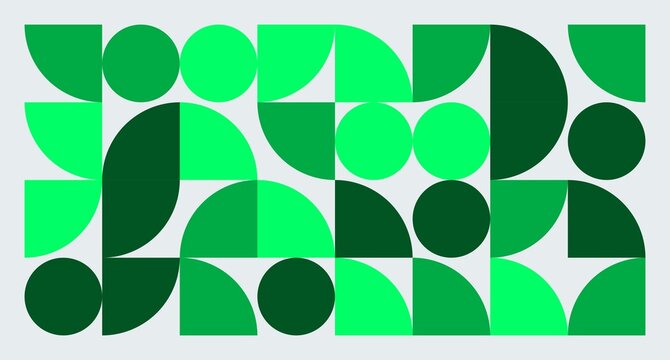 A modern geometric pattern of circles and semicircles in varying green shades on a light gray background.