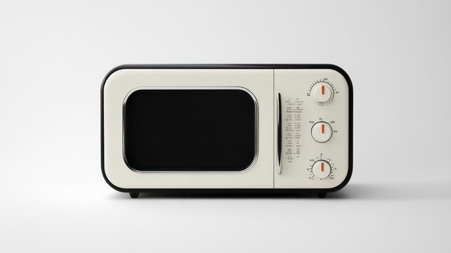 White microwave oven with dials and black door, isolated on a white background