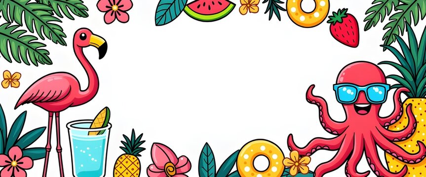 Bright vector border design for children summer camp announcement and creative recreation text