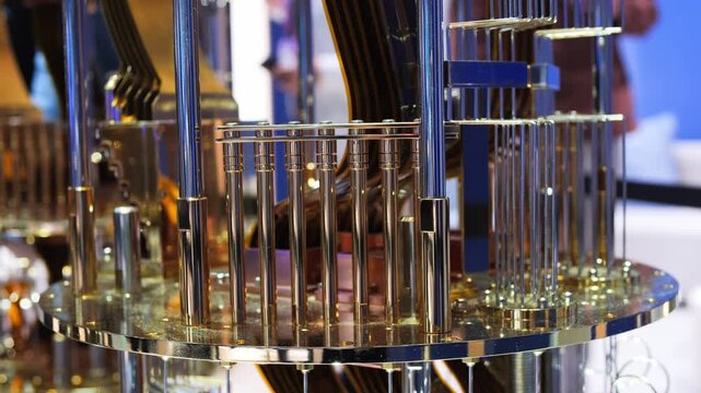 Futuristic quantum PC computer close up, concept qubits and quantum circuits. Powerful supercomputing technology data processing, innovation, deep tech and the future of supercomputer, close up of pc.