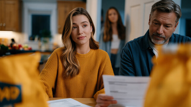 Parents reviewing debt consolidation paperwork at kitchen table, teenage daughter frozen in doorway overhearing conversation, grocery bag dropped at her feet, depicting family financial hardship, ec
