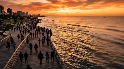 Obraz premium People walking and cycling on a wooden pier by the sea during sunset