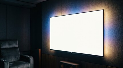 Fototapeta premium Modern Home Theater Setup with Large Blank TV Screen and Vibrant LED Ambilight Backlighting on Wall