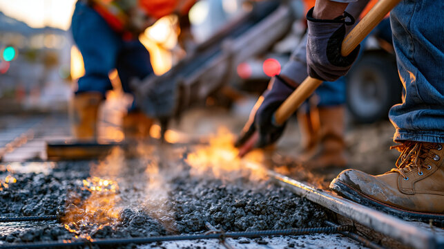 Ready-mix concrete truck chute pouring foundation slab as crew in boots and gloves use bull float and screed bar to level wet concrete, golden hour backlighting catching steam and surface sheen duri
