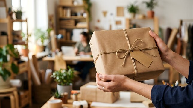 Person holding a rustic brown paper parcel with string and tag in workshop