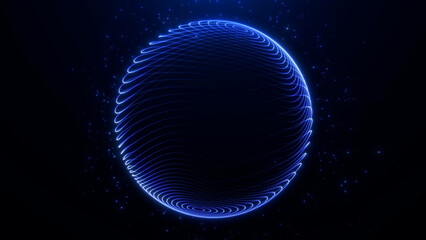 Glowing blue sphere formed by curved network lines and floating particles, ideal for digital twins, global analytics, cloud computing and futuristic data visualization. © Vooper