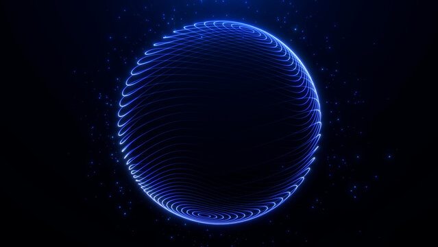 Glowing blue sphere formed by curved network lines and floating particles, ideal for digital twins, global analytics, cloud computing and futuristic data visualization.