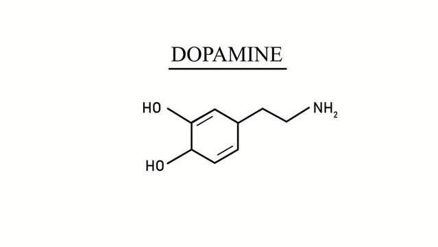 Glowing neon cyan dopamine chemical molecular structure formula animation text on a solid black background for science and biology motion graphics.