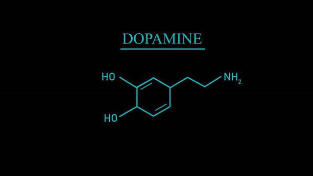 Glowing neon cyan dopamine chemical molecular structure formula animation text on a solid black background for science and biology motion graphics.