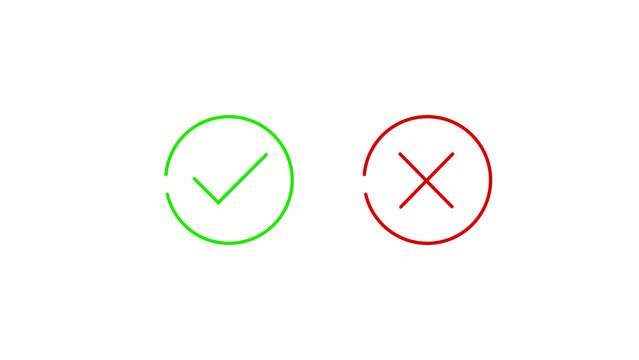 Minimalist animated green checkmark and red cross icons inside circles isolated on white background for correct wrong answer selection and quiz motion graphics.