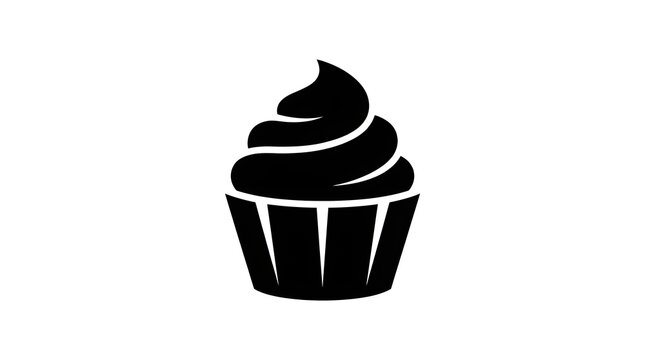 Simple black and white vector icon of a sweet cupcake or muffin with elegant swirling cream frosting.